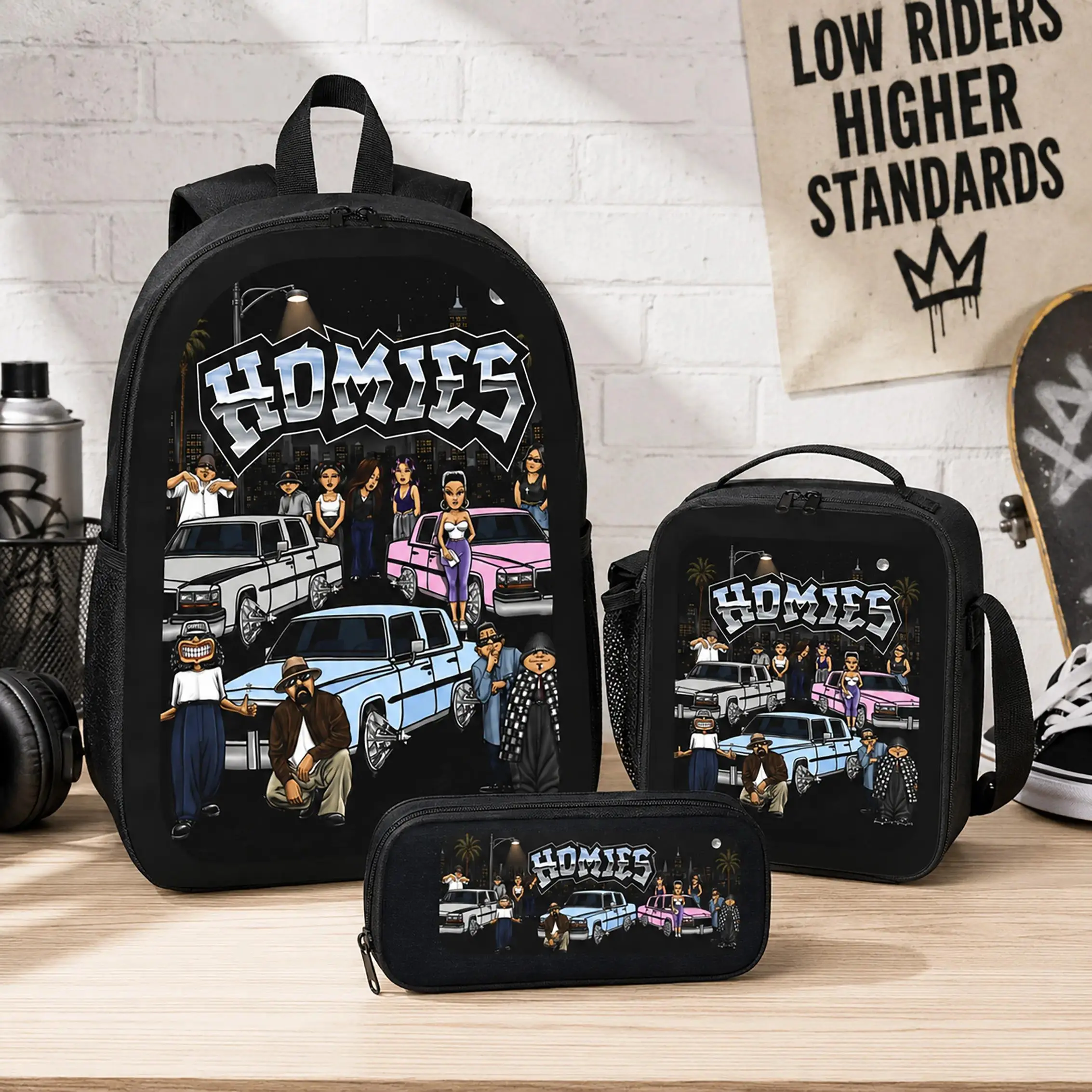 HOMIES 3-Piece Polyester Backpack Set - Large Capacity, Lightweight, Breathable Urban Street Style Bag with Car Graphic, Lunch Bag & Pencil Case for Teens Students (Back to School, Daily Use)