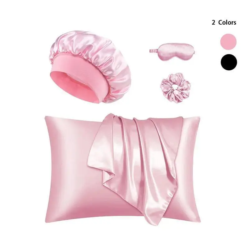 Luxury 8-Piece Solid Color Sleep Set - Pink Eye Mask, Hair Bonnet, Shower Cap, Hair Tie, Soft Pillowcases for Sleep Aid, Skincare, Travel, Daily Use - Ideal Gift, Light Blocking