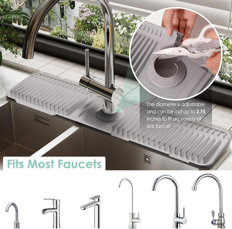 18 inch Kitchen Silicone Sink Faucet Mat Upgraded Protection Drain Mat with Customizable Hole & Button Design for Efficient Drainage Foldable Design Dishwasher Safe