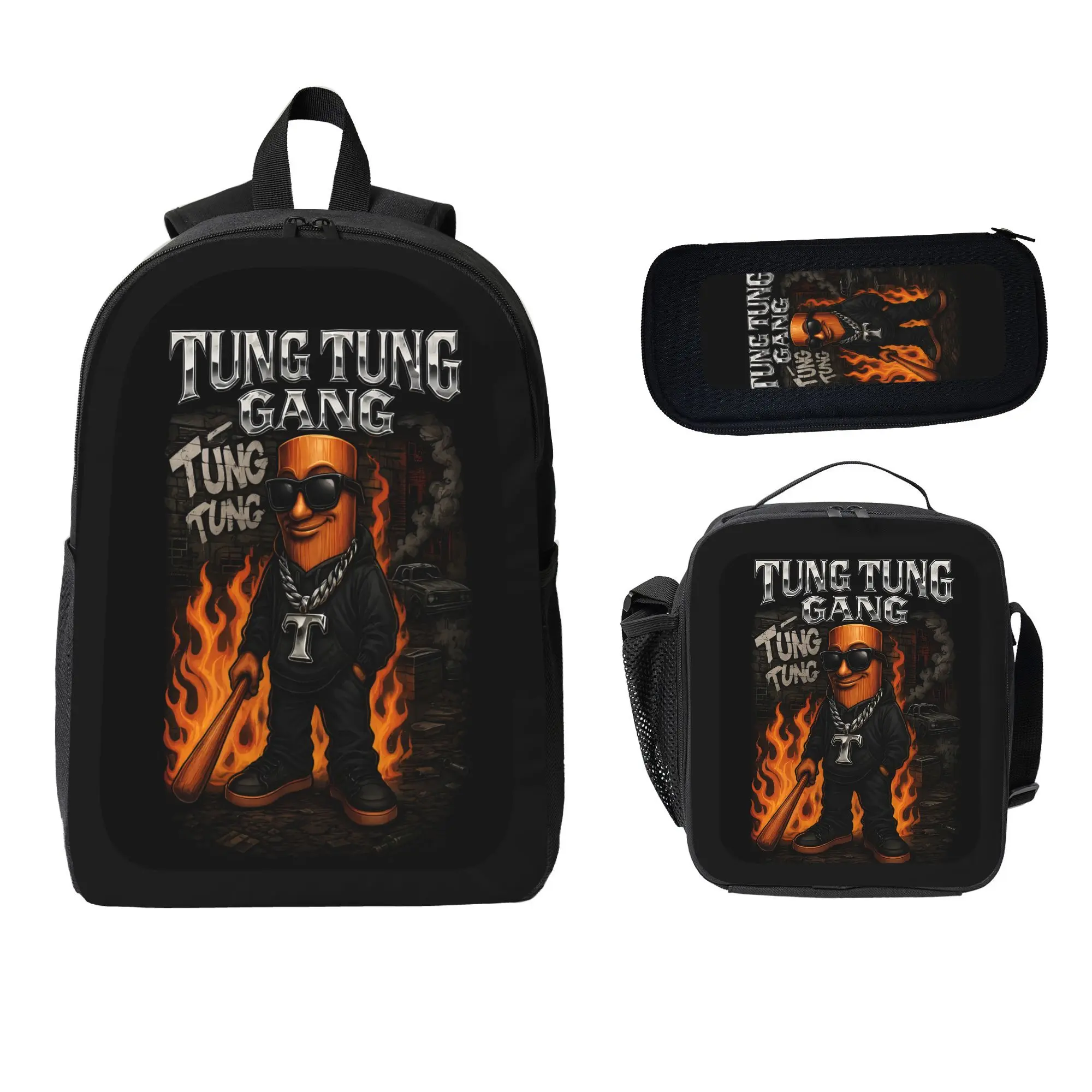 Tung Tung Tung Sahur 3-Piece Backpack Set  Hip-Hop Street Style Backpack Lunch Bag Pencil Pouch Perfect Gift for Viral Meme Fans