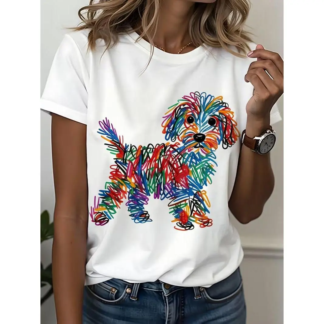 Women's Colorful Scribble Poodle Graphic Short-Sleeve T-Shirt - Rainbow Abstract Doodle Puppy Print, Pet Lover Art Aesthetic, Casual Streetwear Top, Shortsleeve, Tshirt