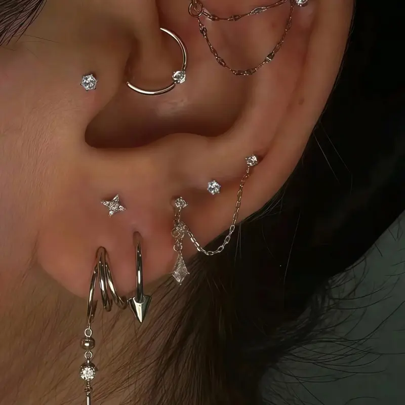 8 Pcs Zircon Chain Earrings Set, Fashion Shimmering, Perfect for Women's Daily Dates, Music Festivals, Party Layered Wear, Earrings Stack Set