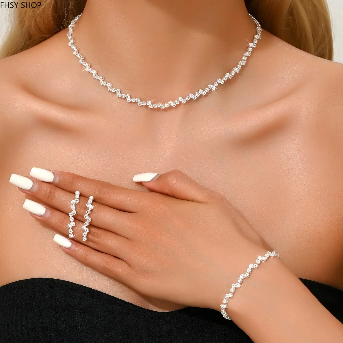 Minimalist Jewelry Set for Women + Quiet Luxury Trend + Geometric Cubic Zirconia Necklace Earrings Bracelet & Ring Set + Dainty Everyday Jewelry + Elegant Stackable Style + Perfect for Work, Date Night & Gifts