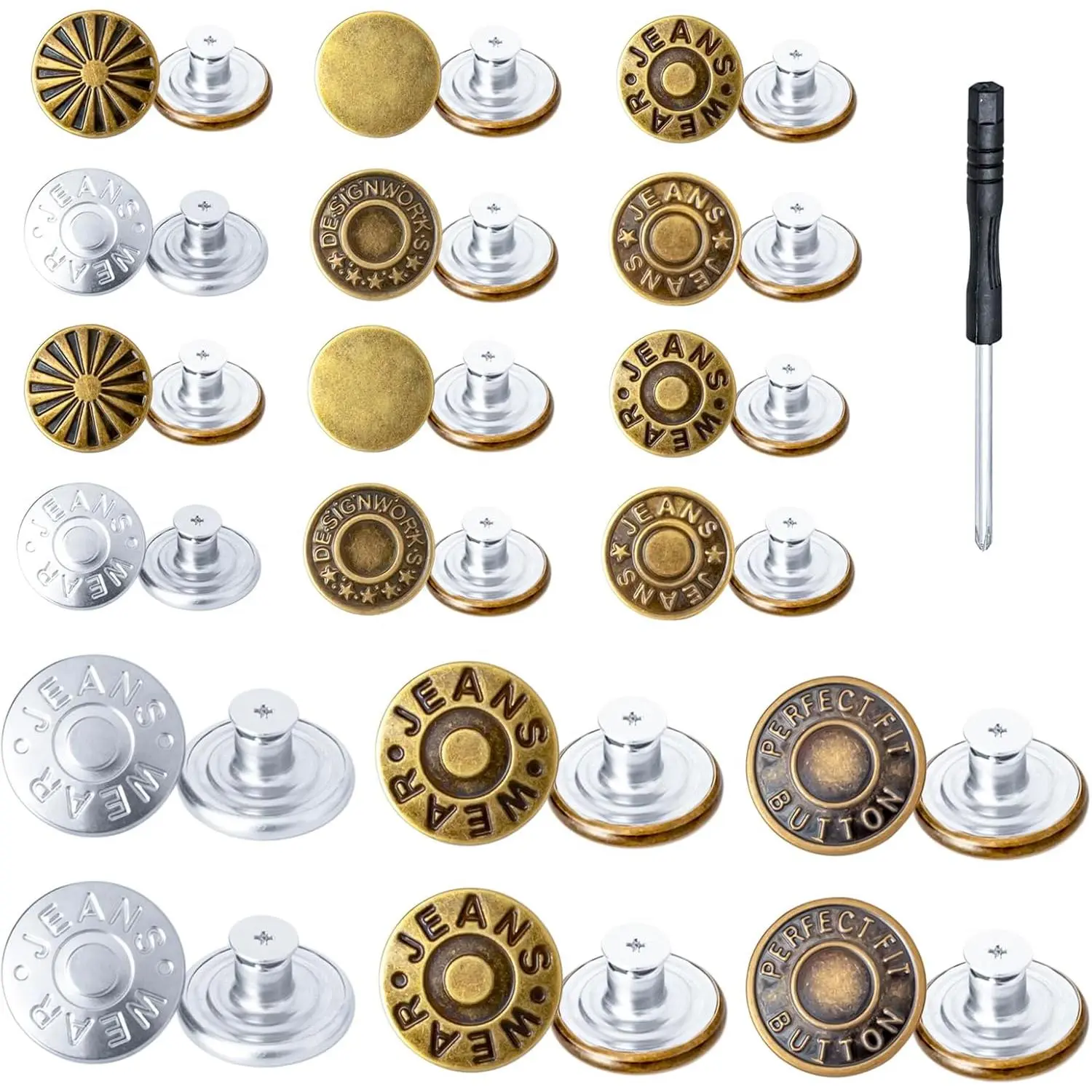 48 count Jean Buttons for Loose Jeans - No-Sew Jean Button  Kit for Pants & Clothes with 36 count 17mm & 12 count 20mm Metal Buttons,  & Storage Box