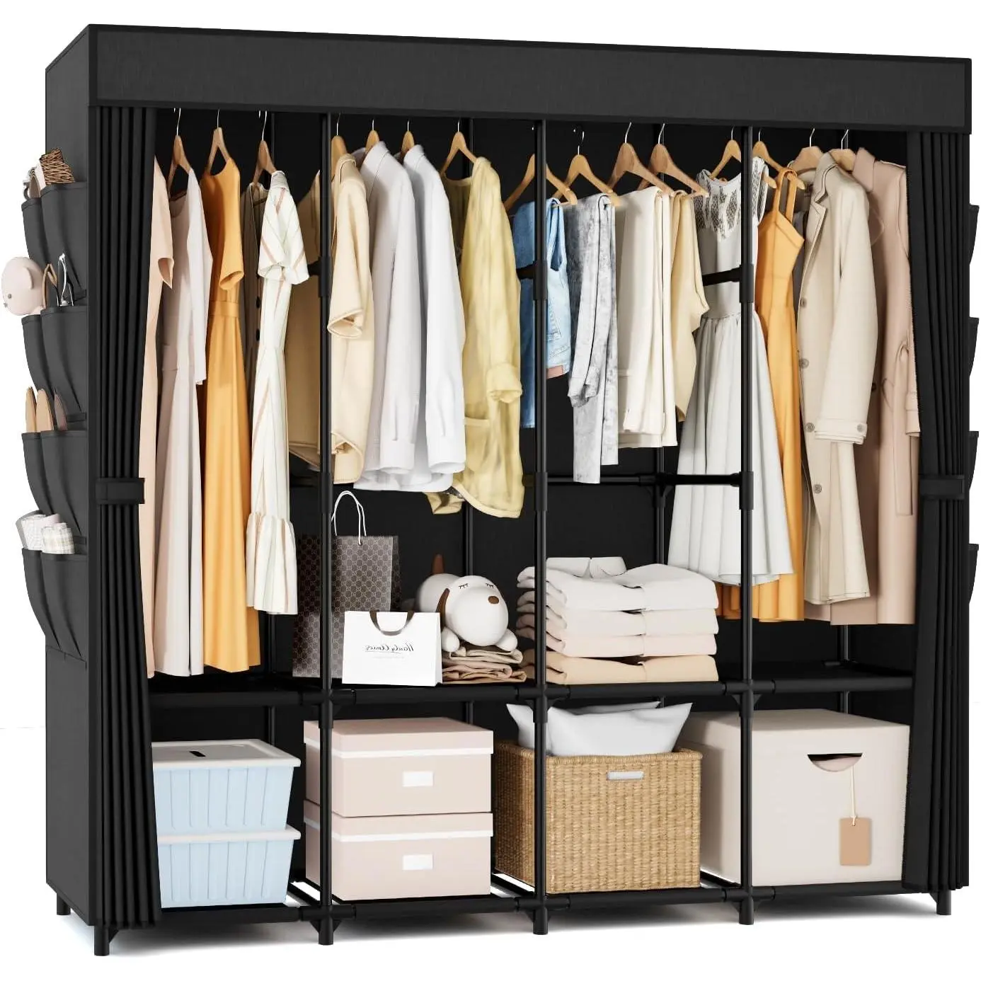 Portable Closet for Hanging Clothes, 67 Inch Wide Portable Wardrobe Closet with Cover, 4 Hanging Rod, Storage Shelves and Side Pockets, Large Free Standing Closet for Bedroom, Black