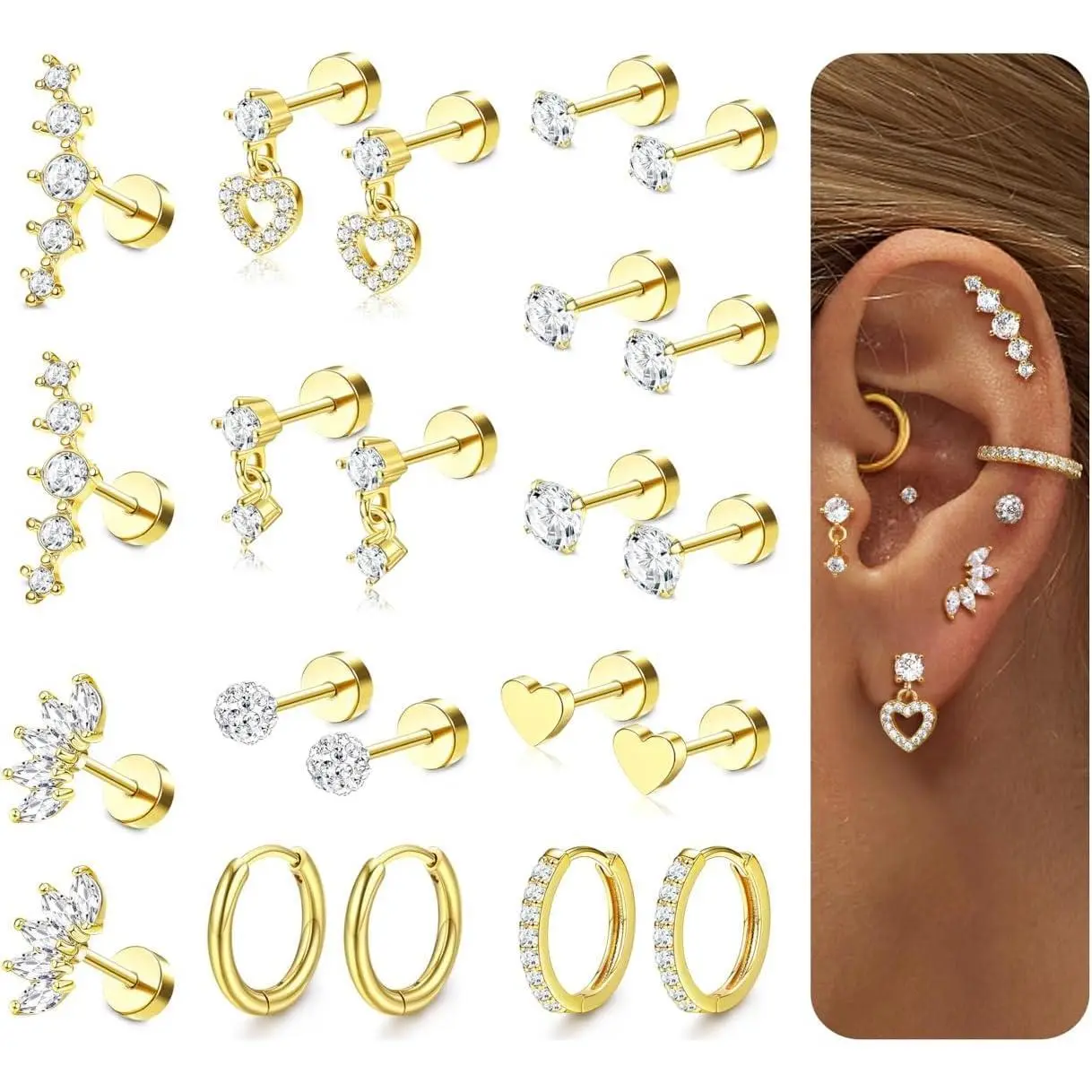 CASSIECA Flat Back Earrings for Women Cartilage Earrings Stacks Hypoallergenic 20G Surgical Stainless Steel Flatback Stud Hoop Earring Set Daith Conch Tragus Helix Piercing Jewelry  DealsForYouDays
