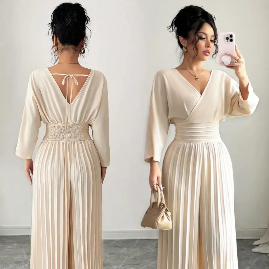 Women's Elegant V-Neck Long Sleeve Pleated Wide Leg Jumpsuit High Smocked Waist Tie Back Solid Romper Palazzo Pants Casual Dressy Work Commute Party Evening Club Outfits