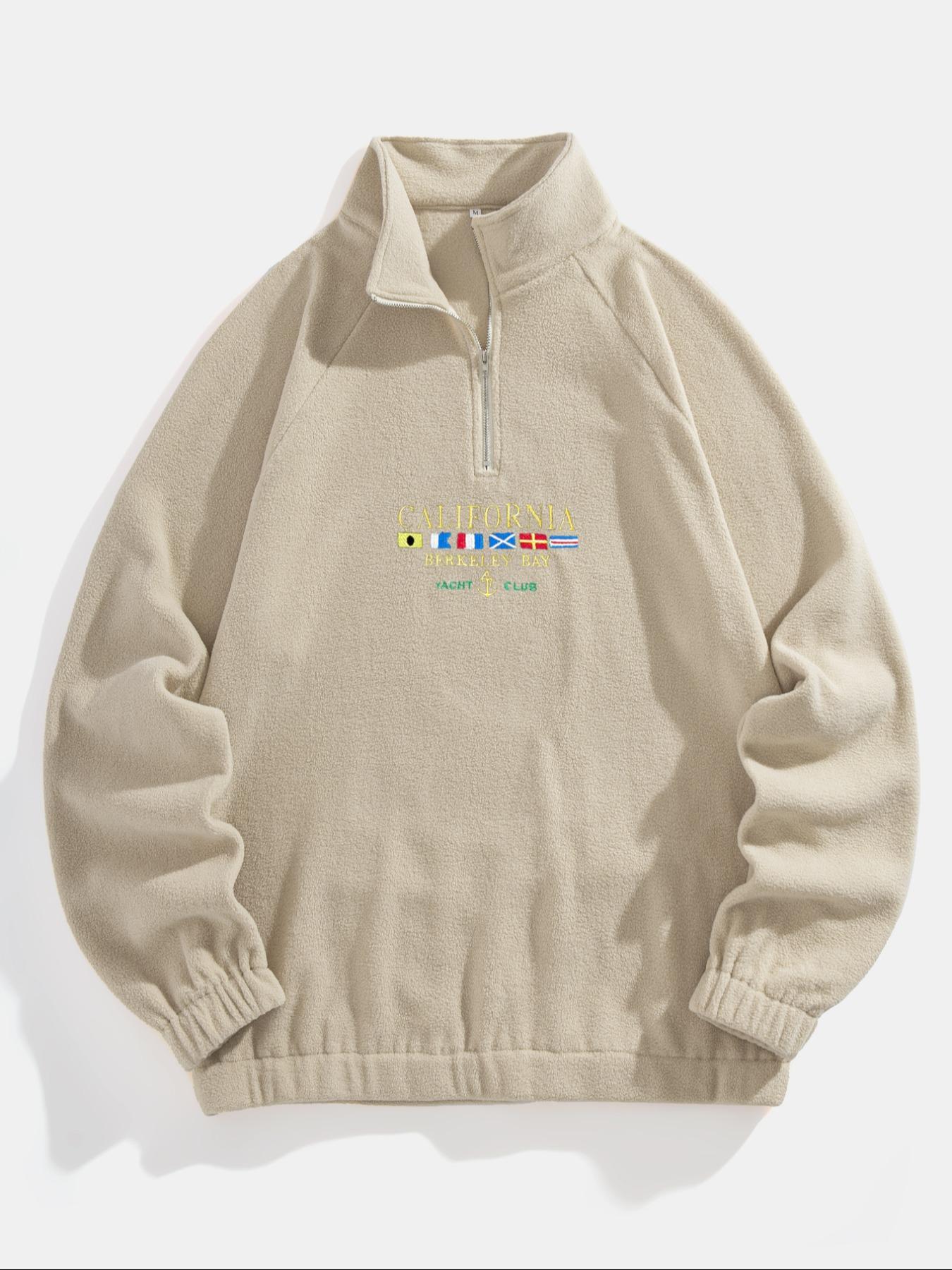 Men's Letter & Flag Embroidery Zip Up Sweatshirt, Casual Raglan Sleeve Long Sleeve Stand Collar Sweatshirt for Fall & Winter, Fashion Men's Clothes for Daily Wear