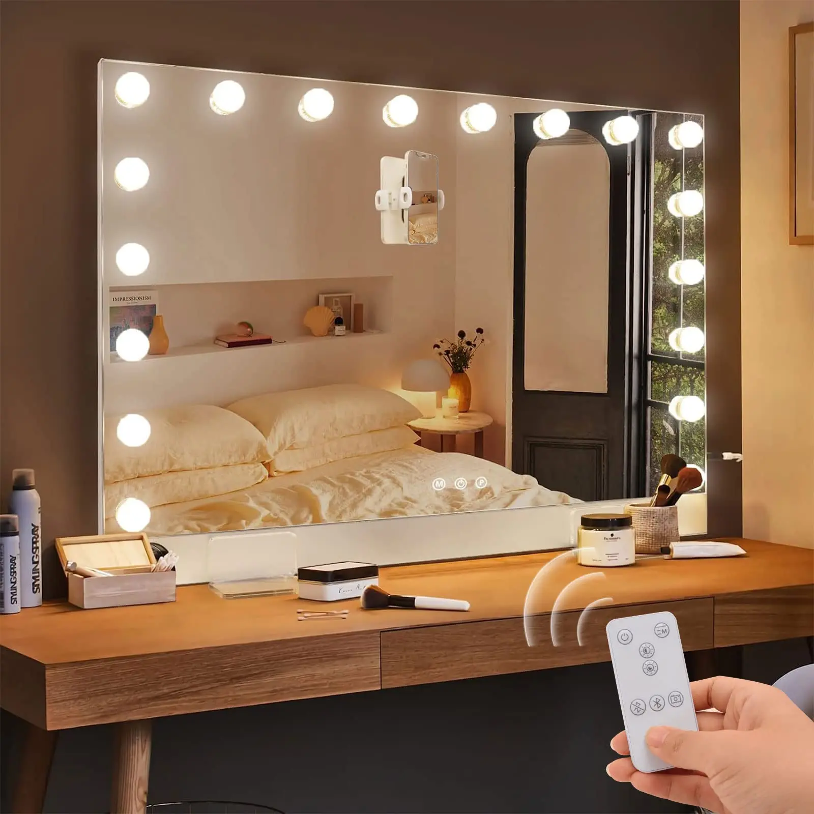 ARCH 31.5"x22.8" Hollywood Vanity Mirror with Lights, 18 LED Bulbs, Ultrathin 0.6" Aluminum Alloy Frame, Smart Touch & Remote Control, 10X Magnification, Magnetic Phone Holder, Type-C Charging, Tabletop & Wall Mount, White+Silver, Glass+Acrylic