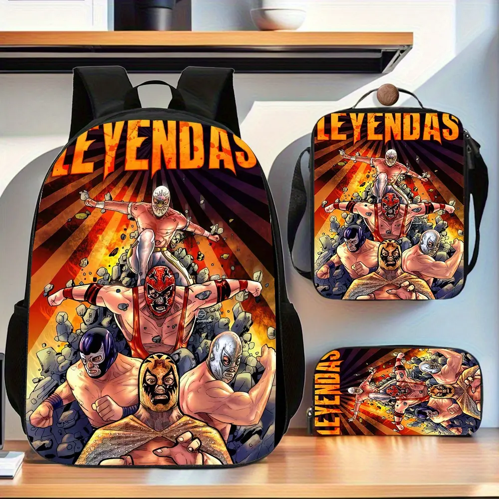 3-Piece Teen Water Resistant Backpack Set, LEYENDAS Lucha Libre Masked Wrestlers Group Comic Print School Kit Backpack Lunch Bag Pencil Case 600D Oxford Mexican Wrestling Fans Daily Use