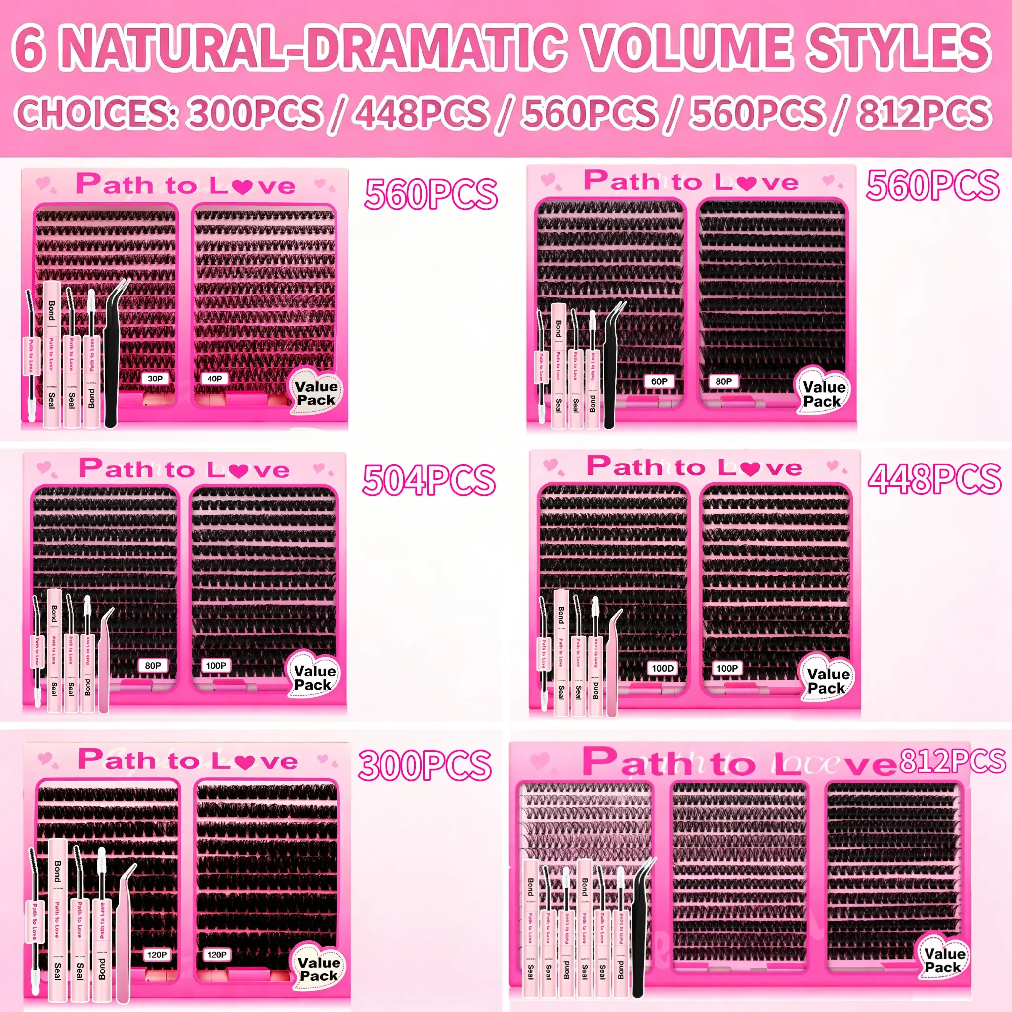 300PCS / 448PCS /504PCS /560PCS / 560PCS / 812PC Cluster Lash Kit, DIY Individual Lashes, Natural Voluminous Look, Glue & Tweezers Included, 9-16mm Mixed D Curl, Soft Lightweight Waterproof Lashes, Beginner Friendly Home Lash Extension Daily & Glam Makeup