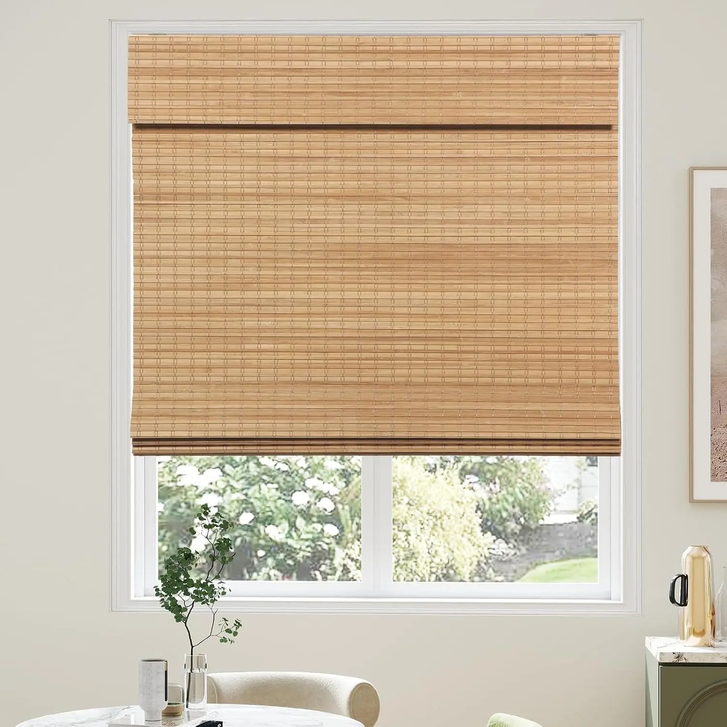 Bamboo Roman Shades with Valance Cover, Cordless Blinds for Indoor Windows, Blackout Woven Wood Shades for Home & Patio, Privacy Protection, 30" W x 64" H, Carbonized