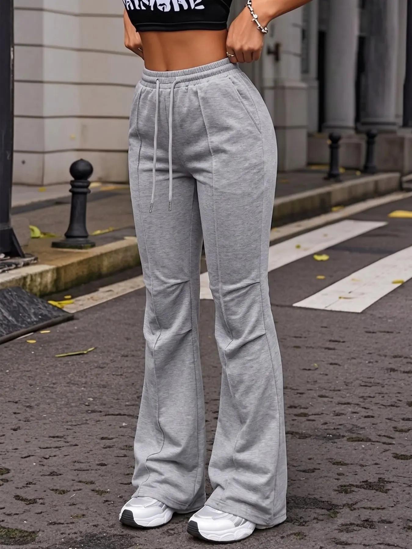 2 Colors High Waist Drawstring Flare Sweatpants, High Waisted Sweatpants, Vertical Front Seam Leg-Lengthening Design, Elastic Adjustable Drawstring Waist, Soft Drape Knit Fabric, Slimming Silhouette, American Casual Style, Trousers for Gym, Loungewear