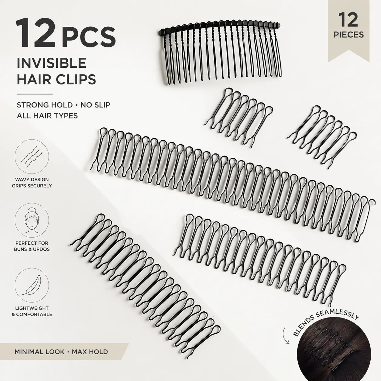 12-piece set of simple women's hair clips and pins, including invisible metal hairpins, non-slip wavy clips, and broken hair finishing clips.Great for updos and styling, these durable and easy-to-use hair accessories are perfect for any hairstyle.