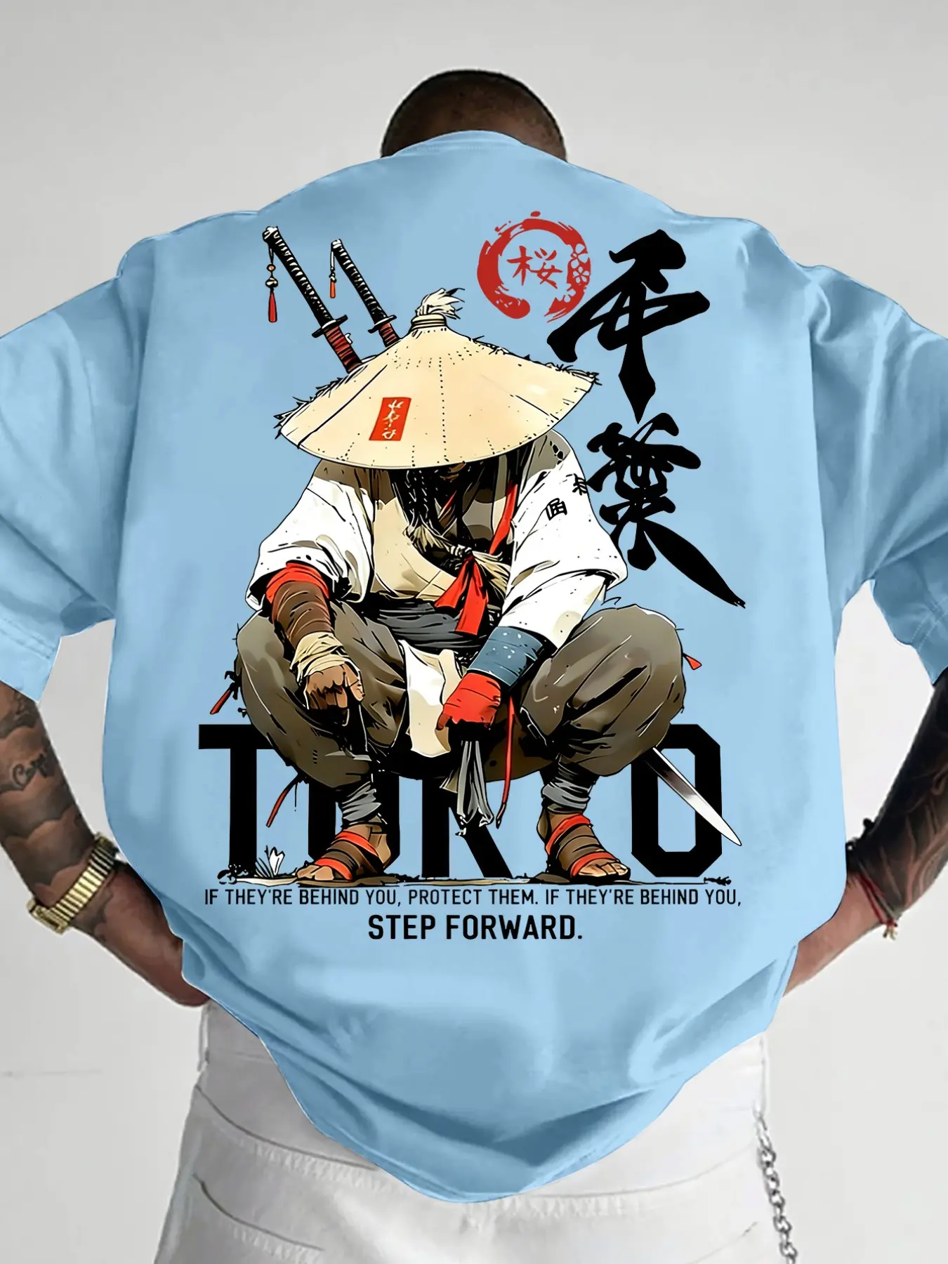 Men's Loose Fit Short Sleeve Tee, Vintage Japanese Samurai Double-Side Print Graphics Casual T-shirt, Tokyo Oriental Art Streetwear, Breathable Daily Tops