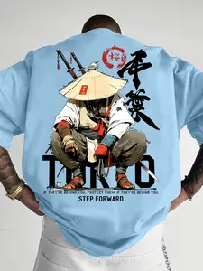 Men's Loose Fit Short Sleeve Tee, Vintage Japanese Samurai & Kanji Letter Double Side Print Casual T-shirt, Tokyo Oriental Art Streetwear Breathable Daily Tops #SamuraiPrintTee #JapaneseStreetStyle #OrientalGraphicTshirt #TokyoFashion #TikTokMadeMeBuyIt