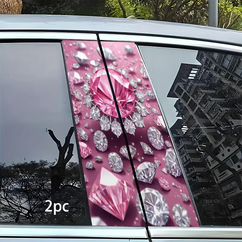 2pcs Pink Synthetic Gemstone Shimmering in Diamond Surround Car Pillar Stickers, Waterproof/Sunproof Vinyl Decals, Window Decals for Vehicles, for Glass, Plastic, Metal Surfaces, Automotive Exterior Accessories, Semi-Matte Finish