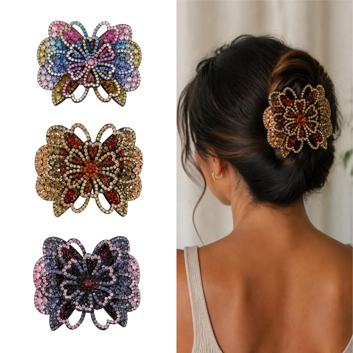 Vintage Rhinestone Hair Clips Royal Court Style Spring Barrette Flower Crystal Hair Claws Non-Slip Sparkly Ponytail Holder Hair Accessories for Women Thick Hair
