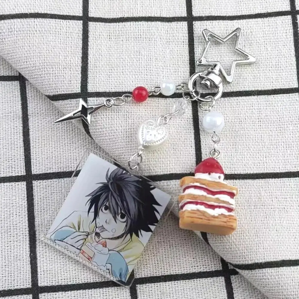 Handmade Anime Death Note L Lawliet Cake Beaded Keychain Bag Charms Aesthetic Handbag Pendant Key Ring Christmas Gift