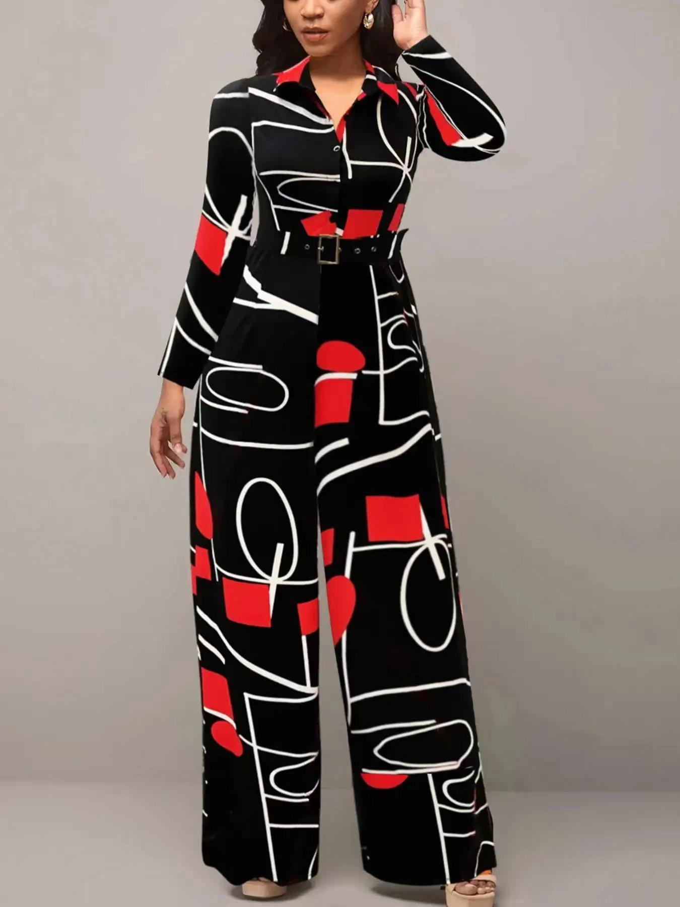 Women's All Over Geometric Print Buttons Belted Wide Leg Jumpsuit, Casual Basic Jumpsuit, Elegant Casual Long Sleeve Collared Jumpsuit for Spring & Fall, National Day Clothing, Ladies Clothes for Daily Wear