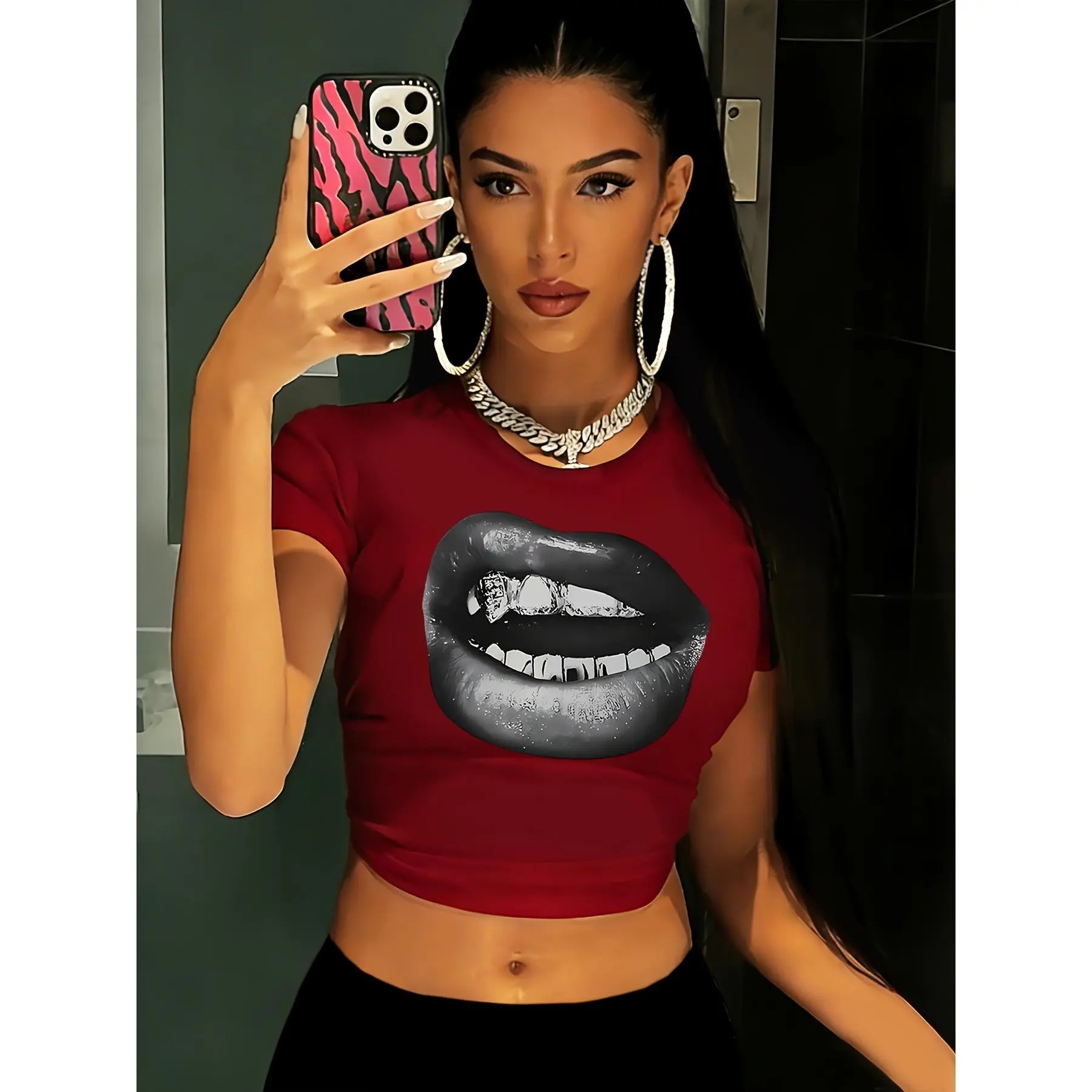 Y2K Lip Print Round Neck Short Sleeve Cropped Stretchy Comfortable T-Shirt for Women, Suitable for All Seasons