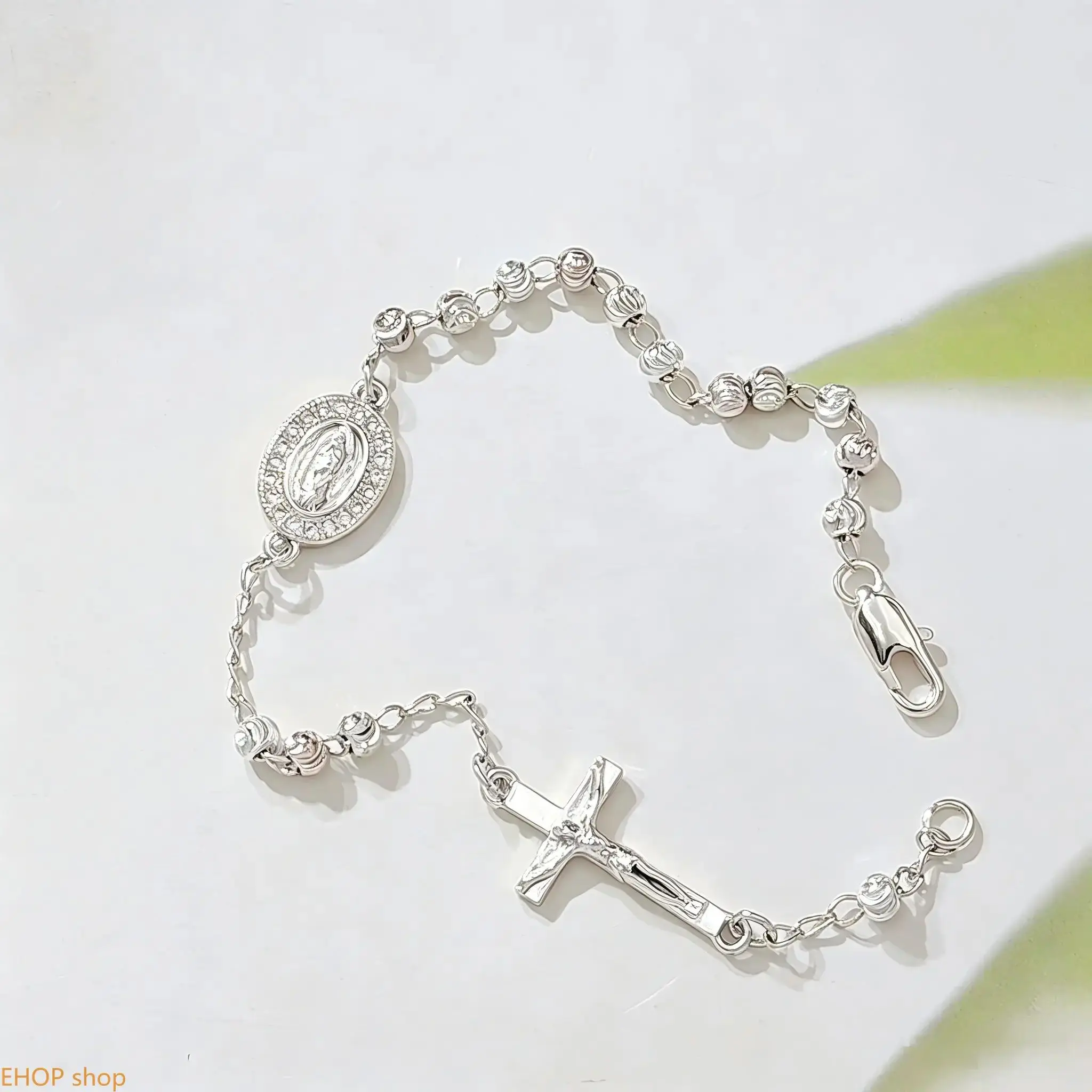 Silver Rosary Bracelet for Women, Dainty Cubic Zirconia Beaded Chain with Our Lady of Guadalupe Medal & Cross Charm, Adjustable Religious Catholic Prayer Jewelry, Ideal for Baptism, First Communion, Confirmation Gifts