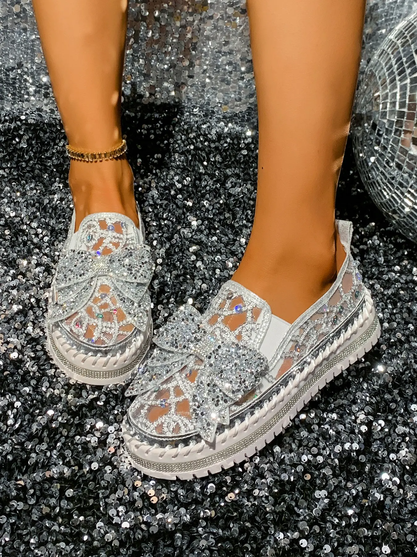 Colorful Rhinestone Thick Sole Rubber Round Toe Casual Leisure Shoes, Bow Design, Anti-Slip Women's Shoes, Comfortable Fashion Footwear, Slip-On Flat Shoes, Rubber Soled Footwear