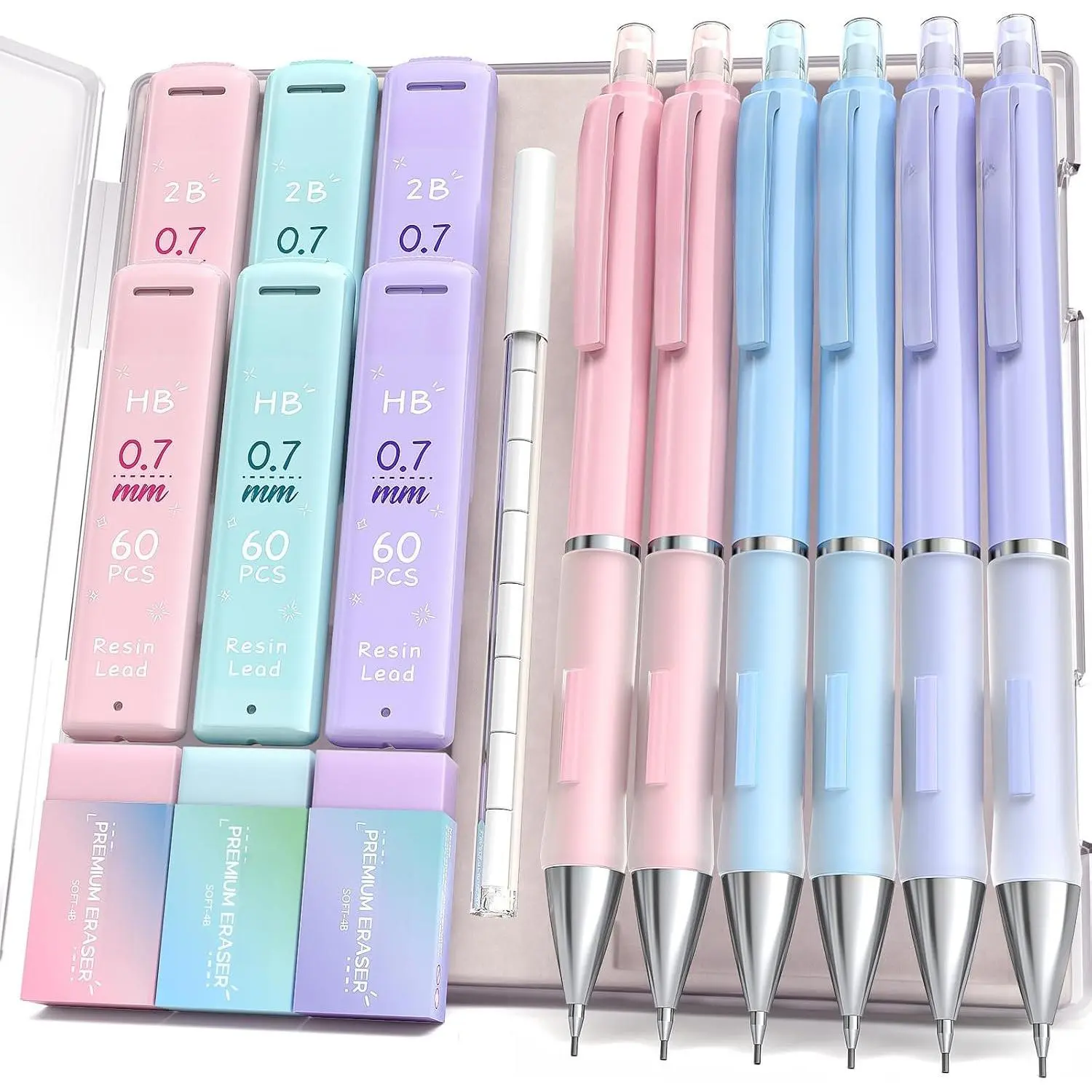 Pastel Mechanical Pencil Set, 0.7mm Medium Point, Pack of 6 | 360 HB/2B Leads, 3 Erasers+9 Refills, Storage Case, Cute //Blue , Rubber Grip, for School Note Taking, Exams