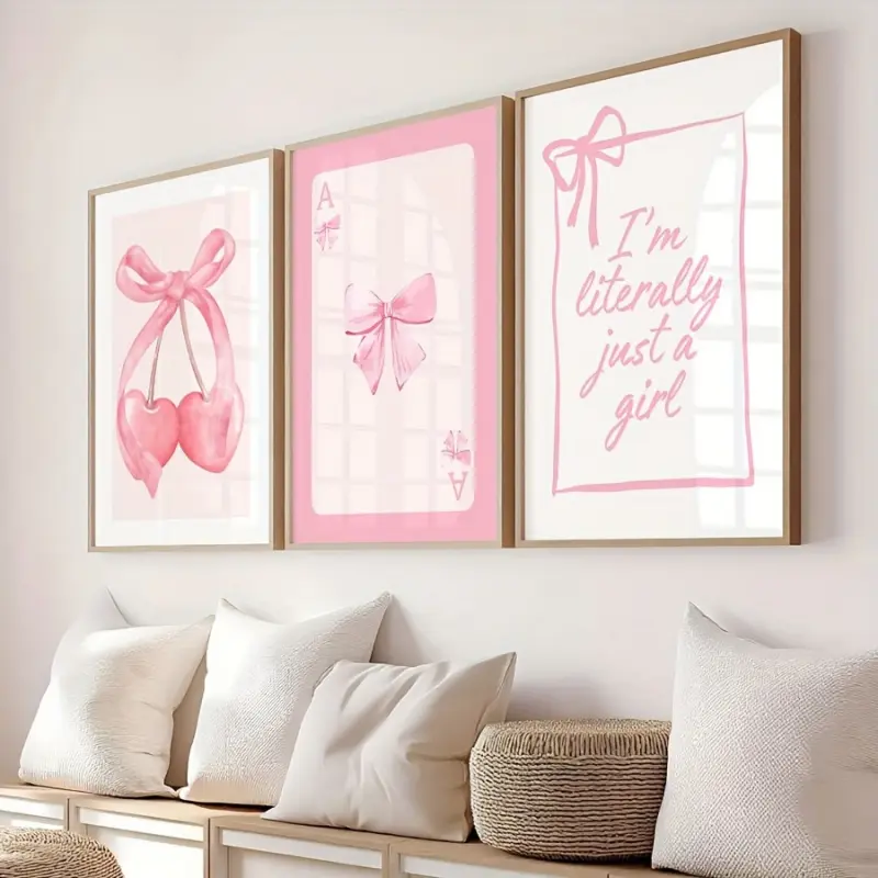 3pcs/set, Pink Bows Ace Card Watercolor Painting Prints, Unframed Wall Art, Aesthetic Girly Art, Posters for Dorm, Preppy Wall Decor, Teen Girl Room Decor, Canvas Art for Living Room, Bedroom, Home Decoration