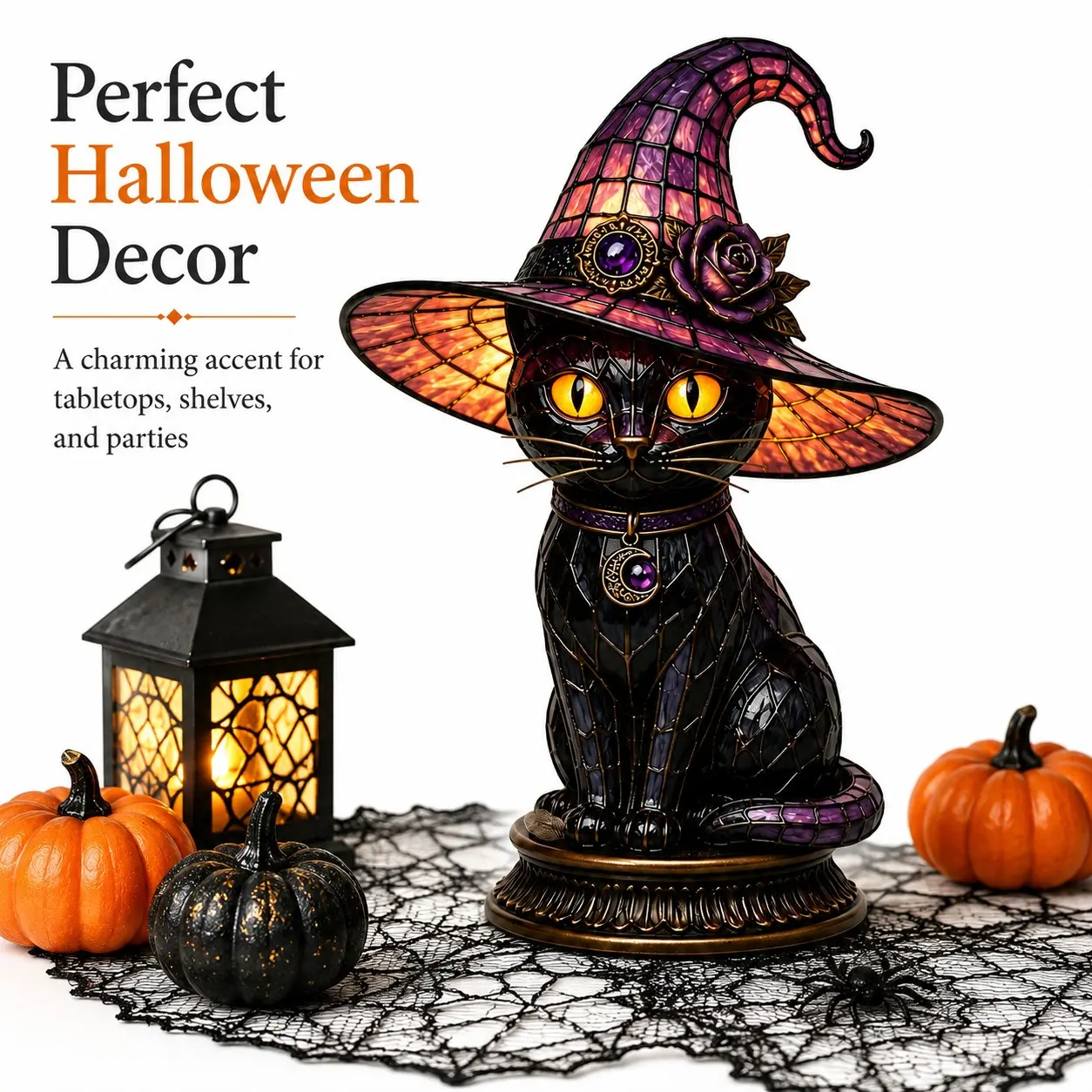 Halloween Witch Hat Cat Glass Table Lamp, Creative Resin Glow Decor, Bedroom Night Light, Living Room Desk Decoration, Party Gift