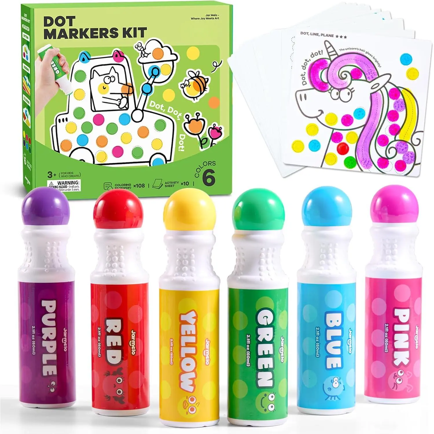 Washable Colored Markers & Highlighters for Toddlers - 6-Color Office Stationery Writing Tools with Built-In Sponge Ink Pad, Water Based Options, Interactive Learning Chart Use, 120 Printed PDFs, 10 Activity Papers, Non-Toxic Bingo Arts and Crafts Gifts