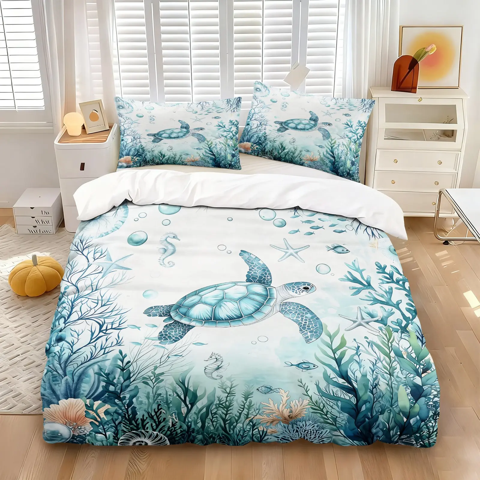 Coastal Aqua Blue Coral Sea Turtle Bedding Set, 1 Duvet Cover + 1/2 Pillowcases, No Core, HD Vivid Print, Tropical Underwater Marine Life Design, Skin Friendly Nautical Bedding