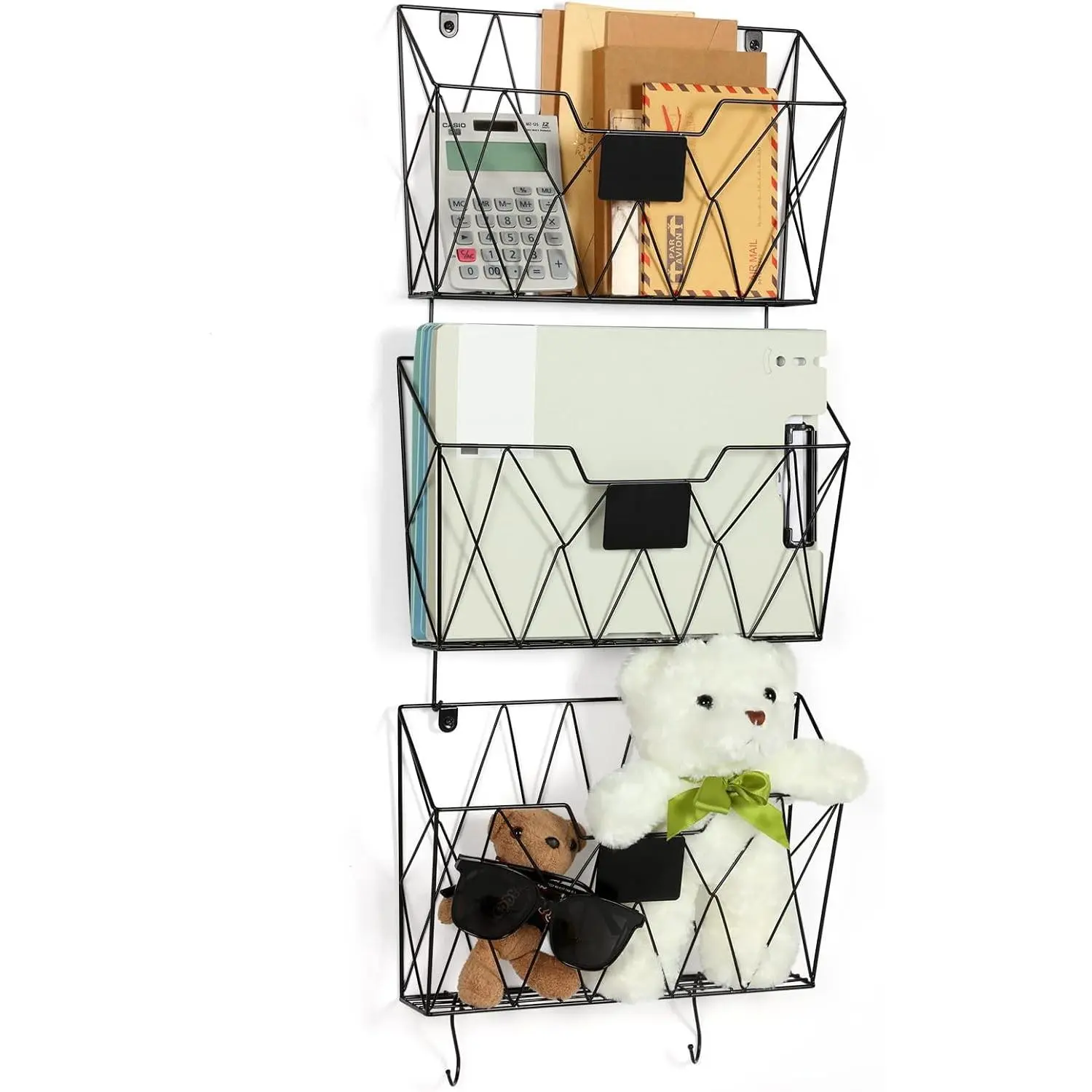 Hanging Wall File Organizer Metal Wall File Holder 3 Pockets Mail Organizer Wall Mounted with Hooks for Office Home, Black