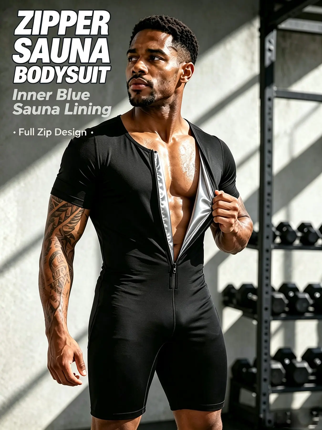 Men Full Zip Sauna Bodysuit, Short Sleeve Sweat Suit, Workout Sauna Jumpsuit, Gym Training Compression Sauna Onesie, All Seasons