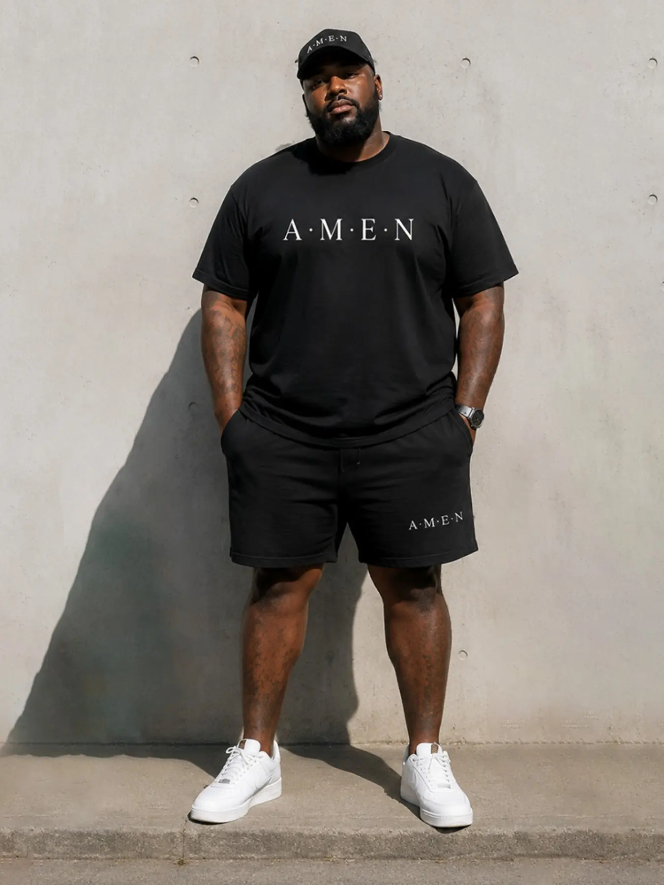 Men's Plus Size Cross Print Suit, Casual Fitted Shorts Set, Colorblock Design, Street Style, Summer, Hidden Shoulder Fit