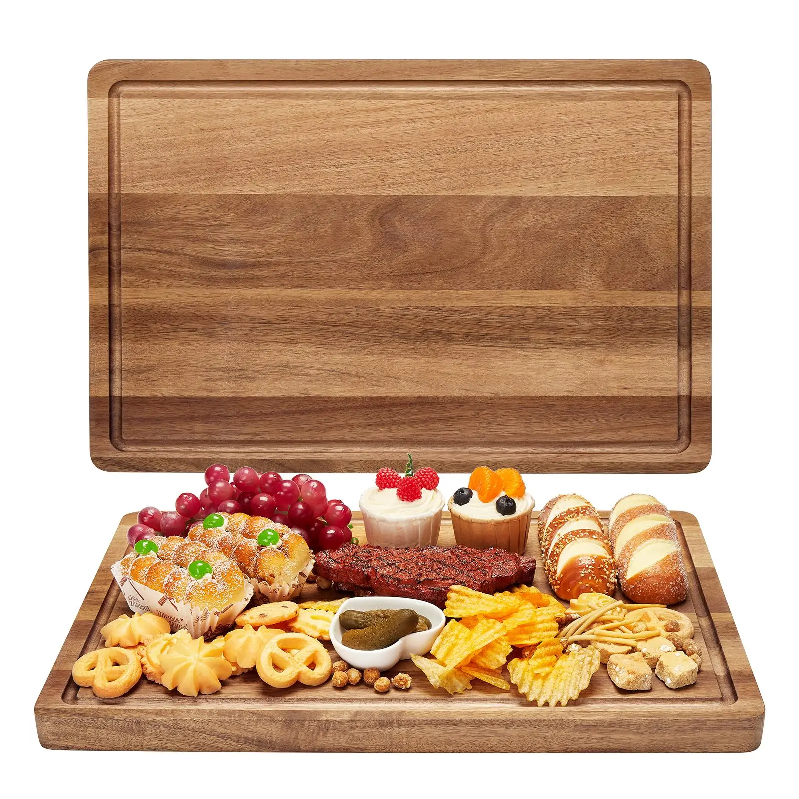Large Stylish Rectangular Pre-Oiled Wooden Cutting Board - 18x12 in Butcher Block, Deep Juice Groove, Reversible, Convenient Side Handles, Natural Grain - Kitchen Essential for Meat, Vegetables, Cheese, Can Serve as Cheese Tray