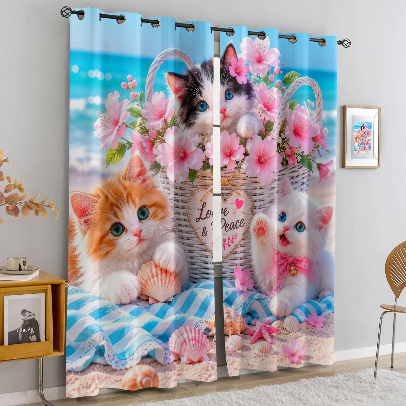 Floor Length Blackout Curtain Panels, Noise Reducing Light Blocking Window Curtains, Coastal Sand Scene Adorable Multi Colored Kitten Print Window Treatments for Pet Lover Guest Bedroom, Tiny Home, Cabin, Cottage Rental Decor
