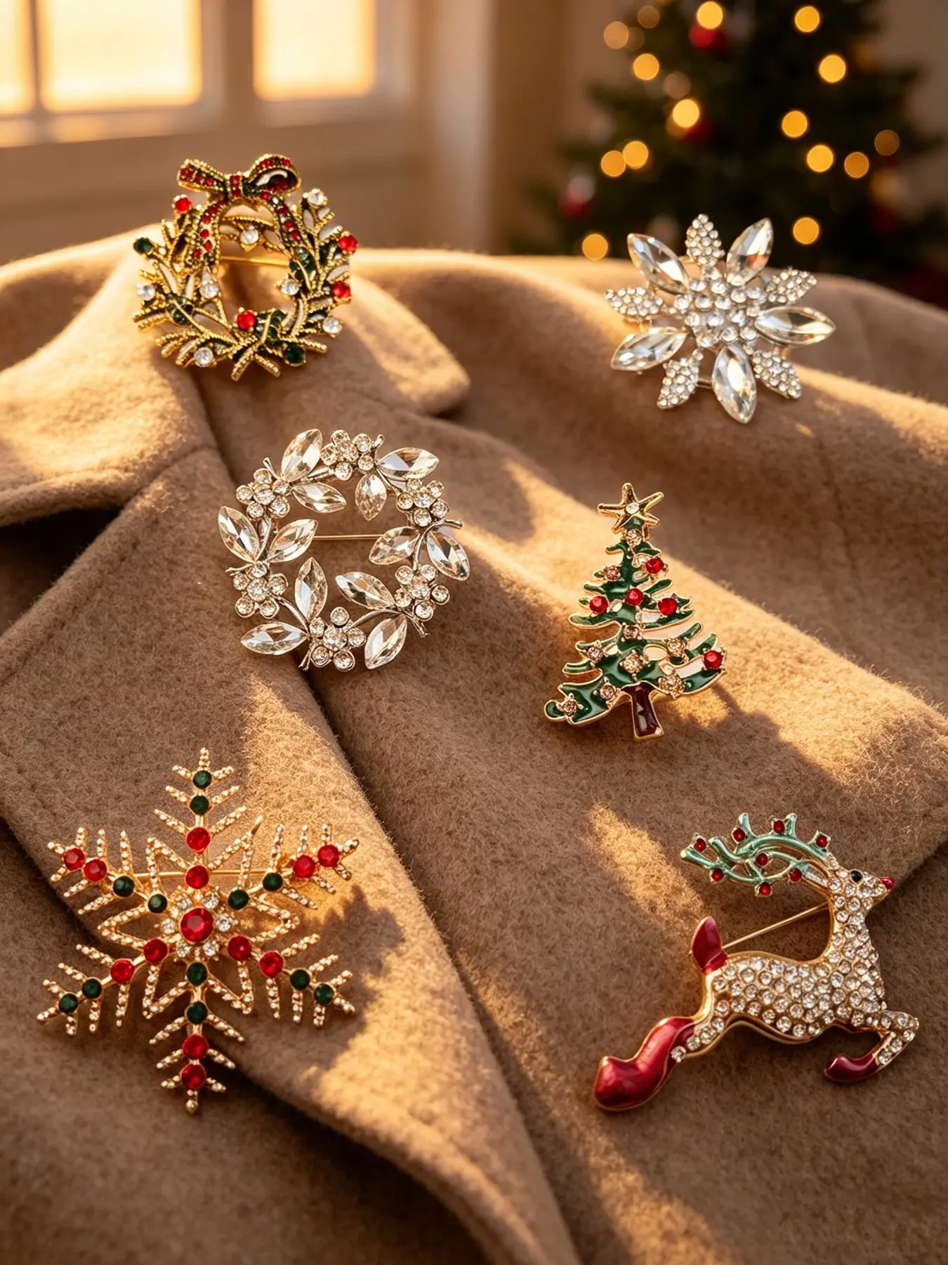 6 Pack Christmas Brooch Set, Vintage Rhinestone Enamel Lapel Pins, Decorative Clothing Accessory Jewelry for Women, Ideal for Christmas Party, Daily Coat Outfit, Backpack Decor & Holiday Gifts