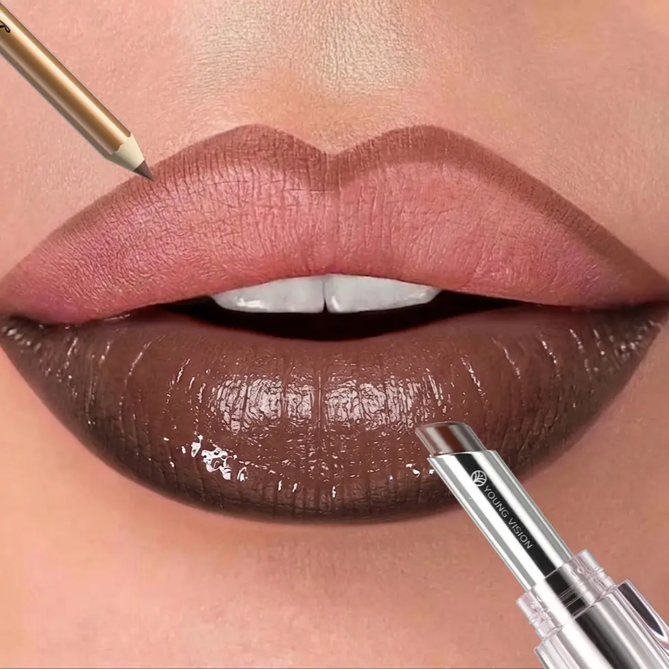 YOUNG VISION Lipstick Liner Set, Smooth Long-Lasting Lip Liner with Shiny Gloss, Perfect for Full Volume Lips, Two-Piece Makeup Kit, Lip Pencil