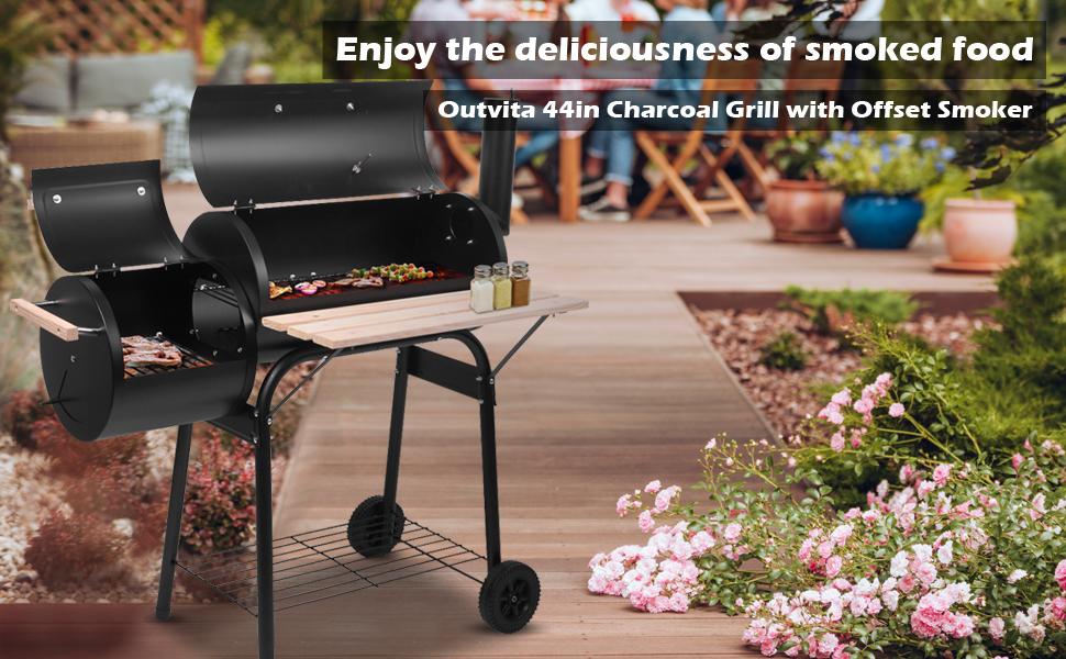 Rovsun BBQ Charcoal Grill, Outdoor Patio Barbecue Cooker with Offset Smoker, Wheels and Tray for Balcony Picnics, Party and Camping