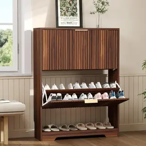 Slim Fluted Shoe Storage Cabinet, 2 Flip Drawers Shoe Rack Cabinet with Open Storage, Wooden Hidden Shoe Organizer Freestanding Narrow for Hallway, Entrance & Foyer