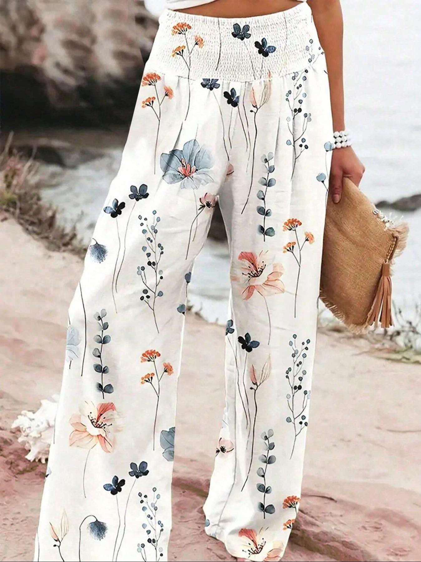 Women's Patchwork Print Elastic Waist Wide Leg Pants, Casual Loose Pants, Boho Bohemian Casual Trousers for Beach Vacation Holiday, Ladies Bottoms for All Seasons