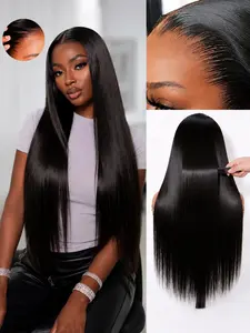 [Ribacee] 28-inch straight wig, pre-cut, glue-free wig, upgraded straight wig, invisible drawstring wig with adhesive tape, 200 density, ear-to-ear forehead wig for women, natural, natural looking hair, comfortable, lightweight, glue-free
