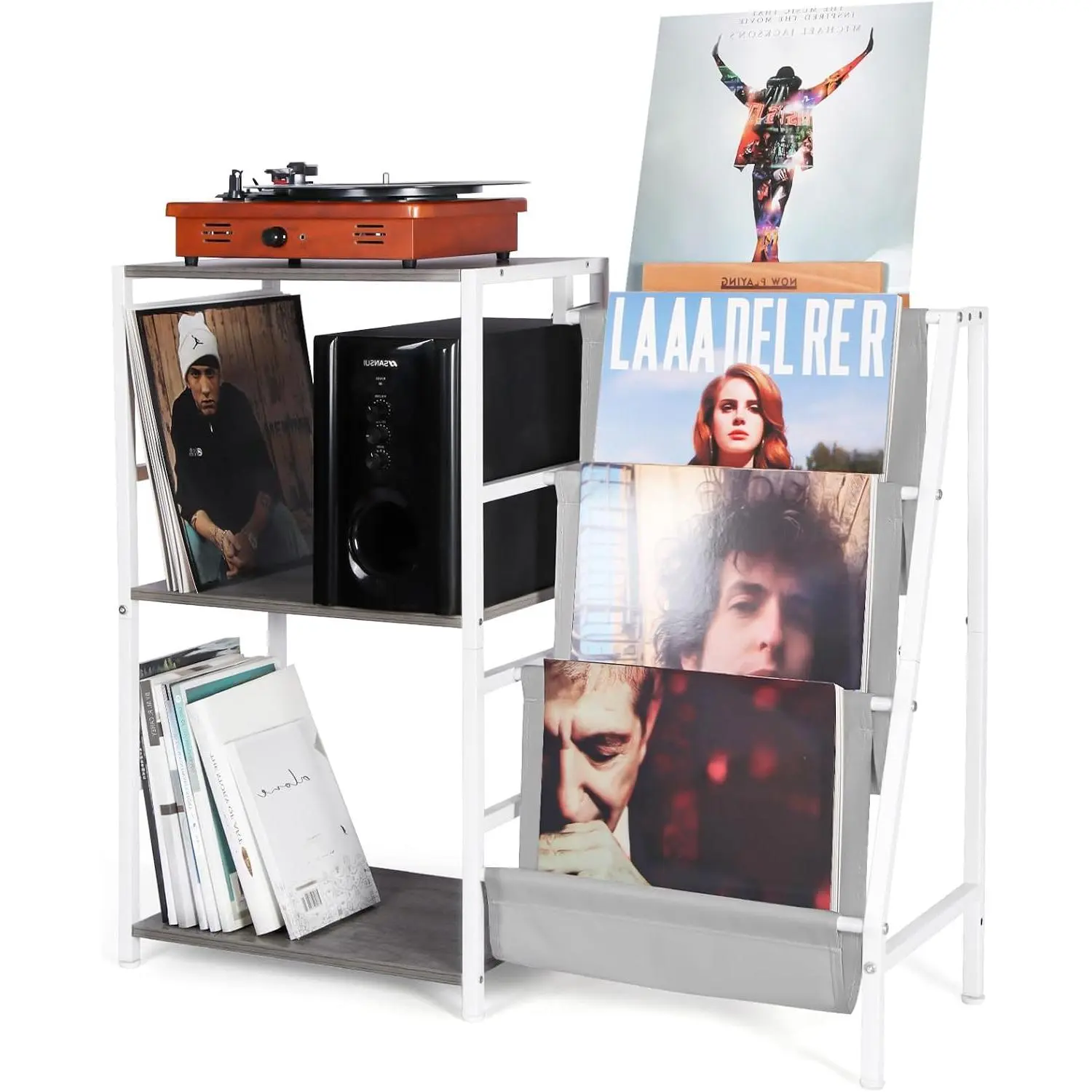 Record Player Stand, 3-Tier Vinyl Record Storage, Turntable Stand with  Playing Holder, Vinyl Display for Living Room, Grey & White