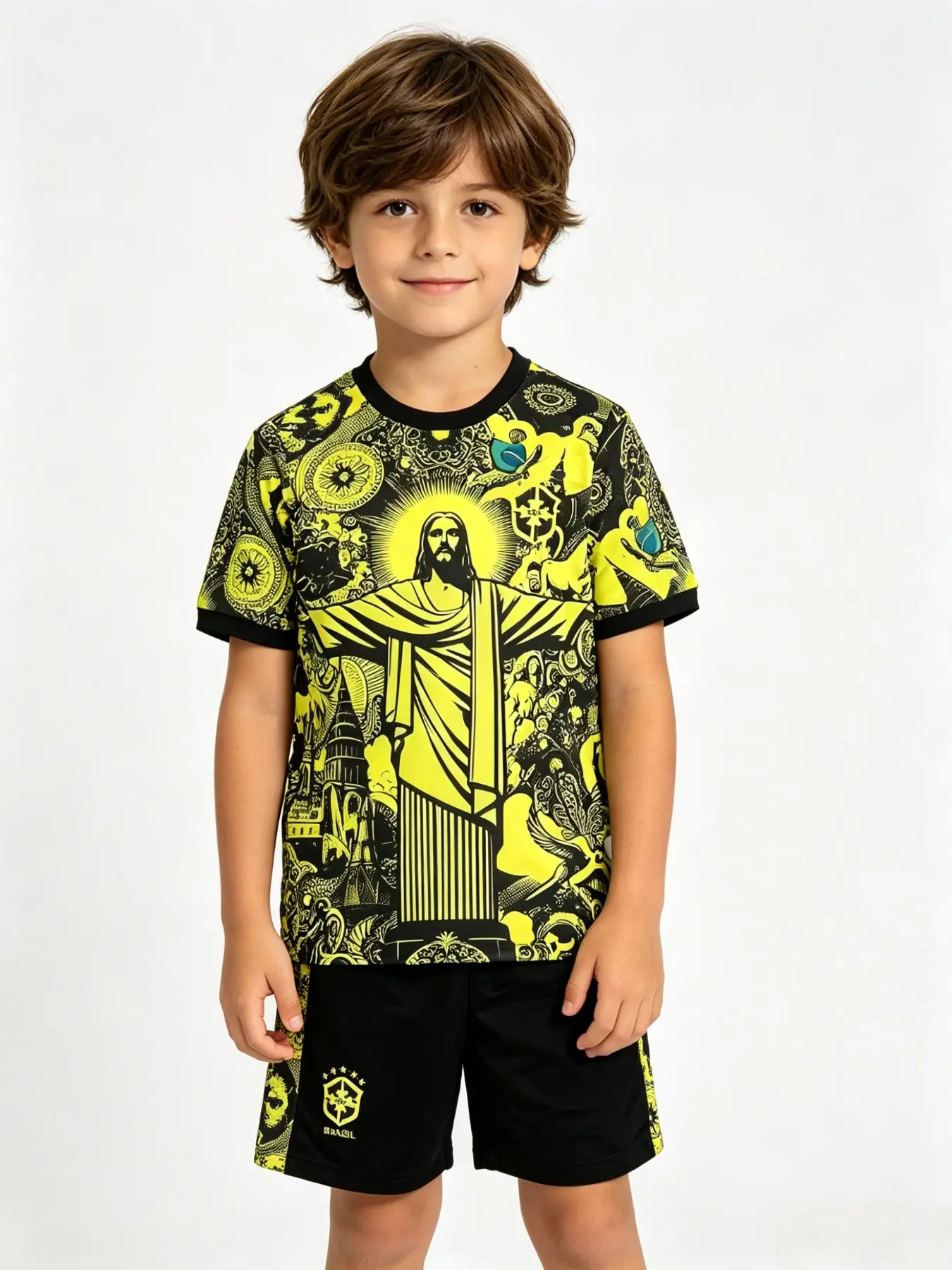 Christ Statue Print Kids Set, Brazilian Style Short Sleeve Shorts Two-Piece, Casual Graphic Pattern Clothing, Summer Clothing Set, Matching Set, Children Clothes Kids
