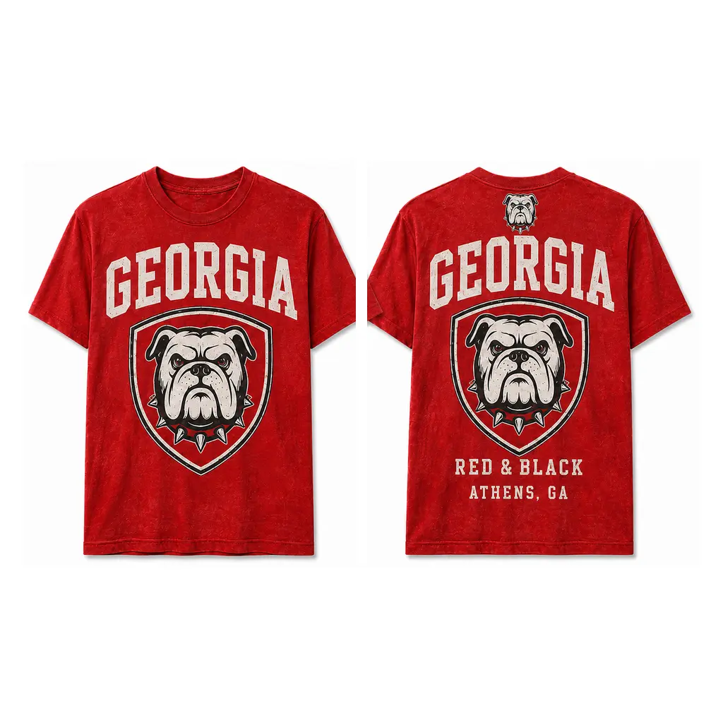 Men's Georgia Bulldog Aesthetic Distressed Vintage Football Graphic Top - Red-Black Round Neck Short-Sleeve Game Day Casual Garment with Front & Back Print (Sports Tops for Fans)