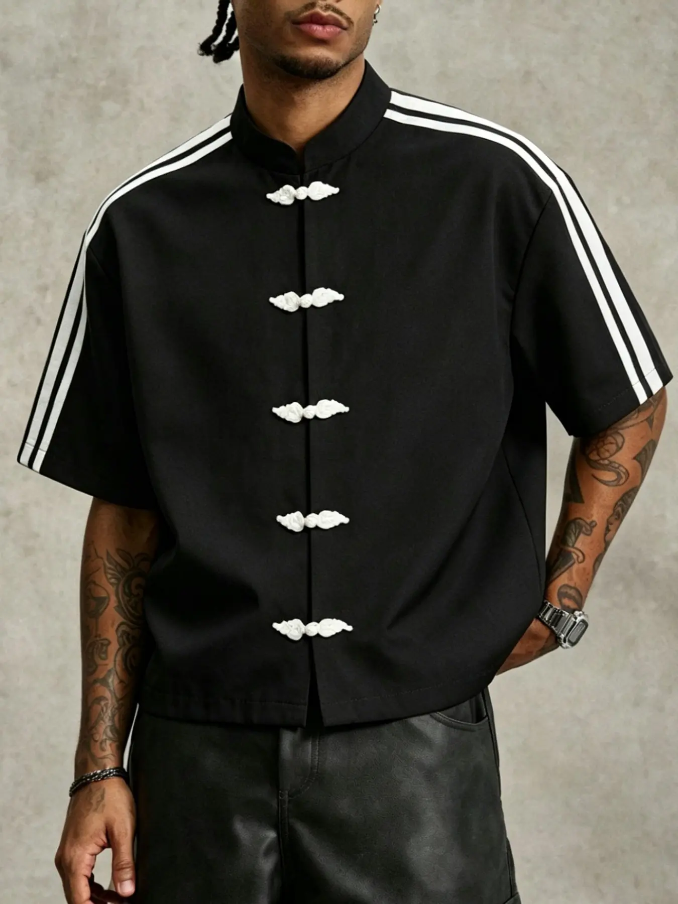 Men's Short Sleeve Mandarin Collar Shirt, Side Stripes, Vintage Tangzhuang Top, New Chinese Style Streetwear, Summer Casual Shirt, Classic, Aesthetic