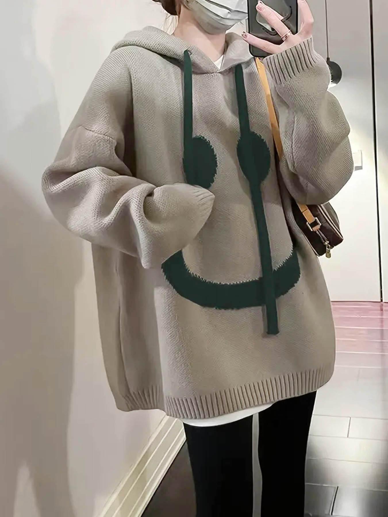Women's Cartoon Face Print Drop Shoulder Hooded Knitted Sweater, Fashion Casual Long Sleeve Drawstring Hooded Sweater for Daily Holiday Outdoor Wear, Women Knitwear for Fall & Winter, Sweaters for Women