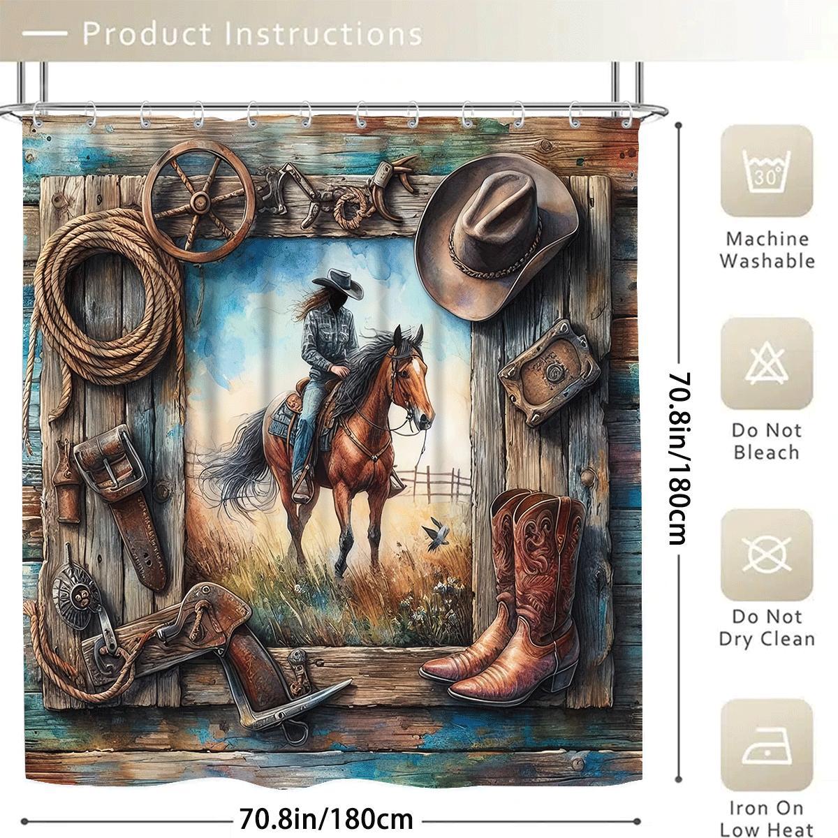 Cowboy & Horse Pattern Bathroom Decorations, 4 Counts/set Including Shower Curtain & Toilet Lid Cover & Mat & U-shaped Mat, Bathroom Accessories, Shower Curtain Sets