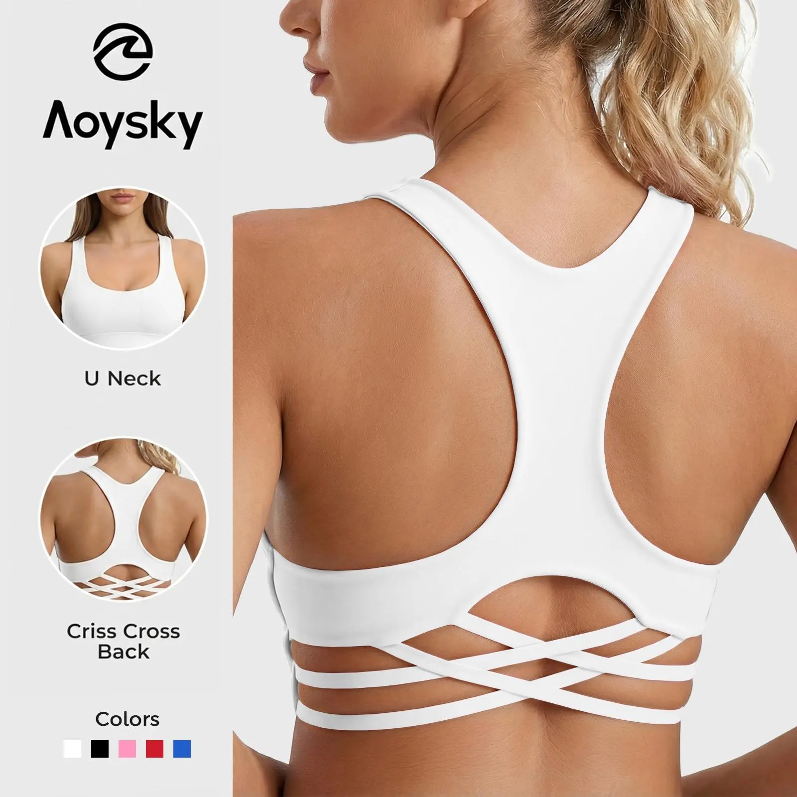 Aoysky Women's V-Neck Sports Bra, Solid Stretch Criss Cross Racerback, Padded Wire Free with 3/4 Coverage for Low-Impact Gym Workouts, Fitted, Breathable
